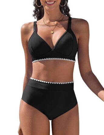 Бікіні жіночий комплект з V-подібним вирізом, двочастинний, з пуш-ап, висока талія, купальник сексуальний з білою мереживом, чорний, розмір S
