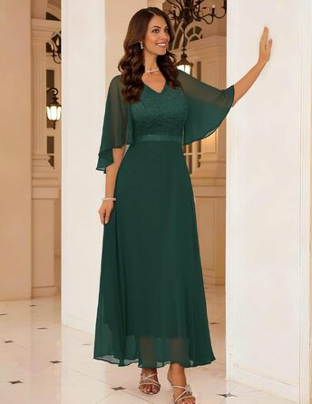 Вечірня сукня DRESSTES для жінок: елегантна maxi-сукня з шифоновими рукавами-кейпом для весіль, коктейльних вечірок та свят (S, темно-зелена)