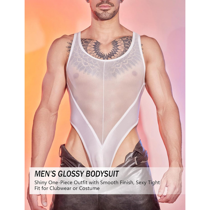 Боді для чоловіків AIEOE: прозорий боді, топ, майка, під одяг, без рукавів, труси-танга (білий)