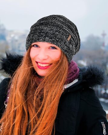 Жіноча в'язана шапка-біні FURTALK Slouch Beanie у стилі street style, тепла зимова шапка грубої в'язки, м'яка, чорно-сіра (один розмір)