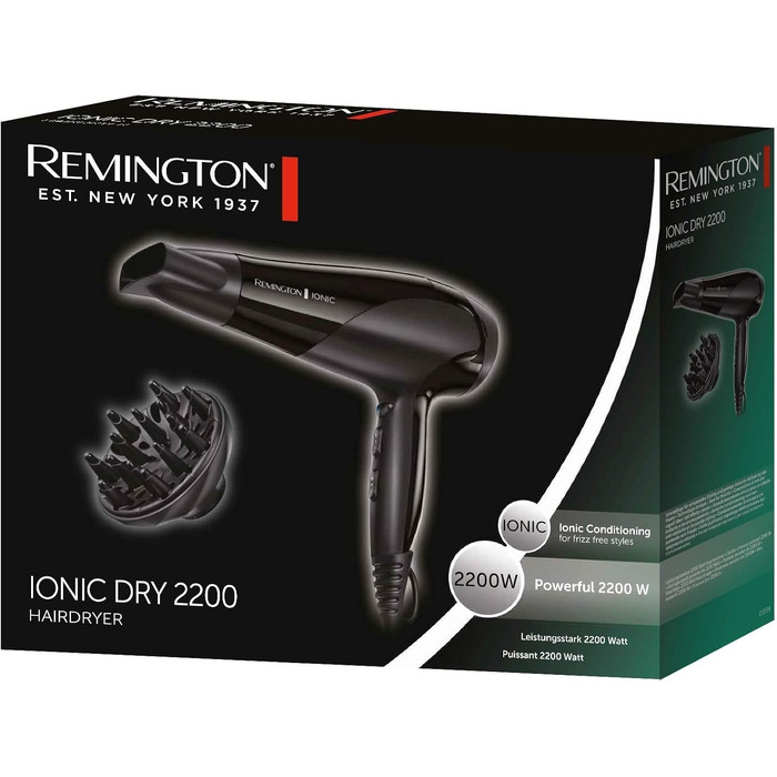 Фен для волосся Remington D3199 з іонізацією та керамічним покриттям, 2200 Вт, білий (дифузор та вузький сопло в комплекті)