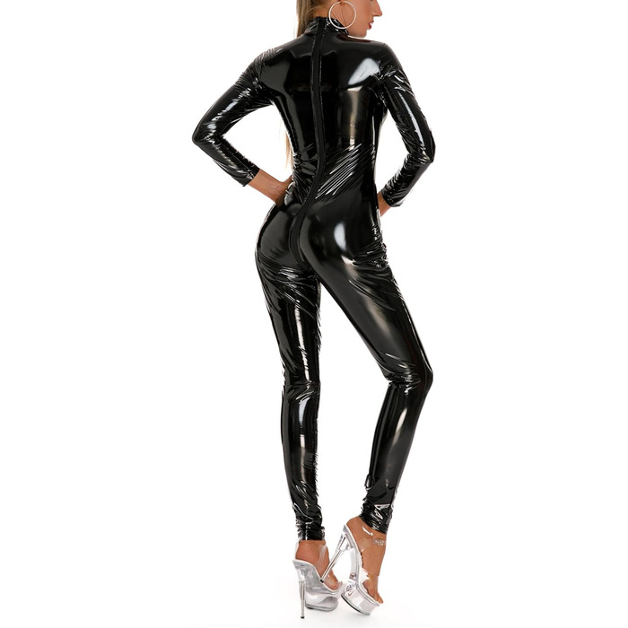 Боді з латексу з високим коміром, блискавкою, ефект мокрого блиску, костюм кішки, обтислий боді, комбінезон з довгим рукавом, відкритий боді, комплект, костюм Кетвумен, клубний одяг, для танців, вечірки, XL