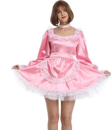 Сукня для перевдягання Sissy Maid з мереживом, рожевий атлас, довгі рукави, XXL, рожевий