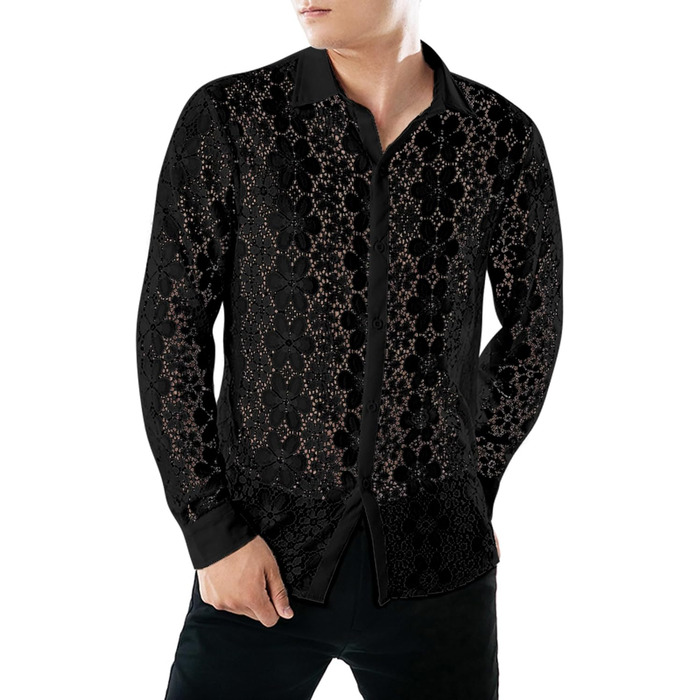 Чоловіча прозора сорочка з квітковим принтом Crongless, мереживо, застібка на ґудзики, довгі рукави, повсякденна сорочка для вечірок (XXL, чорний)