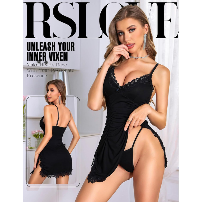 RSLOVE: Сексуальна нічна сорочка-бабідолль для жінок - мереживна піжама, сукня, чорний, розмір M