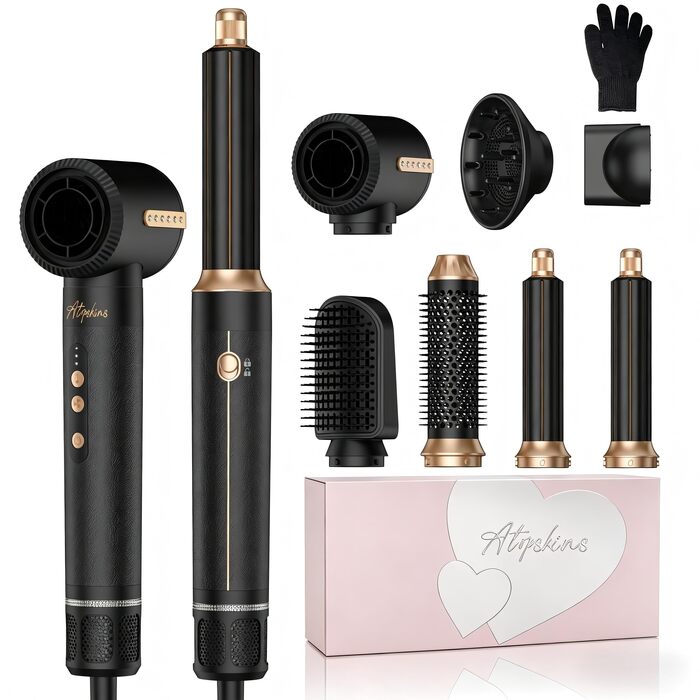Мультифункціональний стайлер для волосся 7 в 1 Atopskins Airstyler Pro: фен з дифузором, круглі щітки, випрямляч та плойка для локонів Beach Waves, чорно-золотий