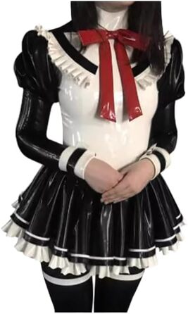 Костюм для косплею LIXIAAOOKWEDG: Латексна сукня для косплею, сукня служниці, клубний стиль, довгі рукави-буфи, рюші, чорний, 3XL
