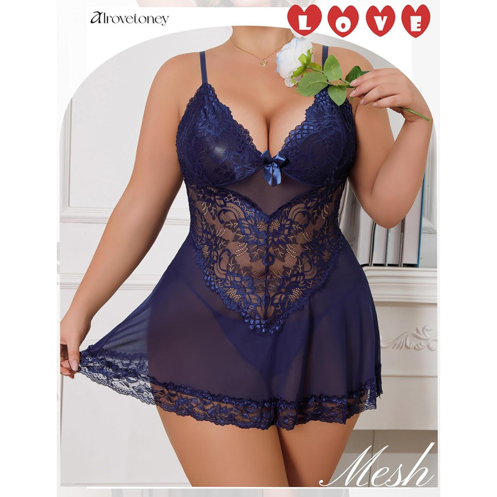 Babydoll з мереживом Alrovetoney для жінок великих розмірів (3XL, блакитний) - Нічна сорочка, Chemise, Neckholder