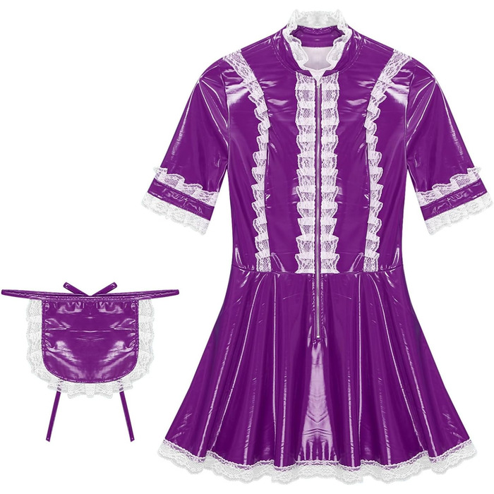 Костюм покоївки Agoky з лакованої шкіри, міні-сукня з мереживним фартухом та мереживною спідницею, еротична білизна, клубний одяг (M, фіолетовий)