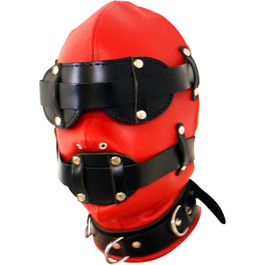 Маска для голови Tula-Toys Bondage з шкіри (BDSM, еротика) червоно-чорна з вуздечкою для рота та пов'язкою на очі