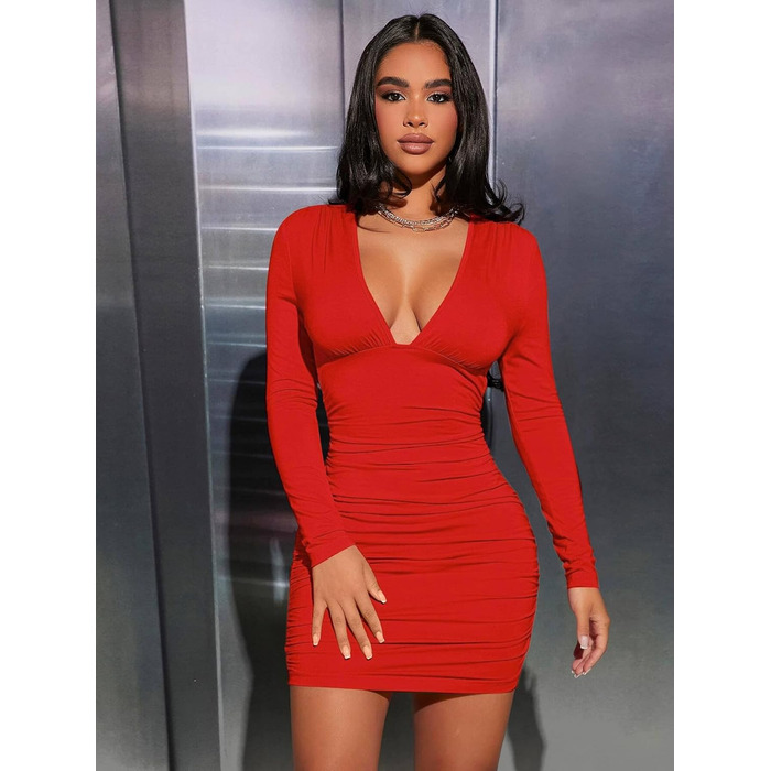 Сукня Haibang: Елегантна червона сукня-олівець з V-подібним вирізом, bodycon, на довгий рукав, для вечірок та клубів