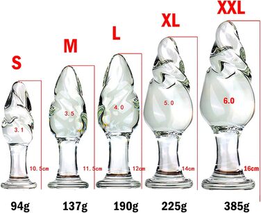 Скляний анальний плагін ScreaAss з спіраллю, набір 5 розмірів (31/35/40/50/60 мм), прозорий, для жінок та чоловіків