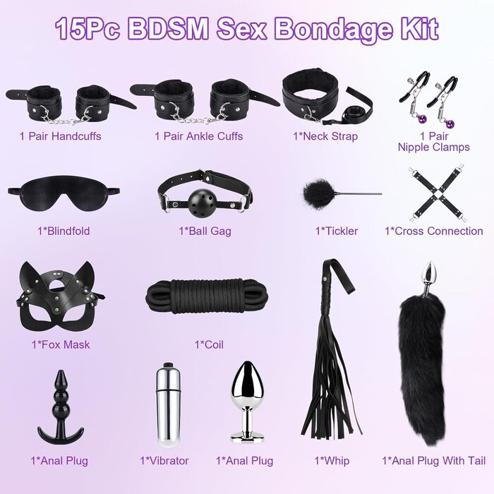 Набір для БДСМ з шкіри, 15 предметів: фетіш, зв'язування, еротика для дорослих. З руками, маскою та мотузкою (чорний)