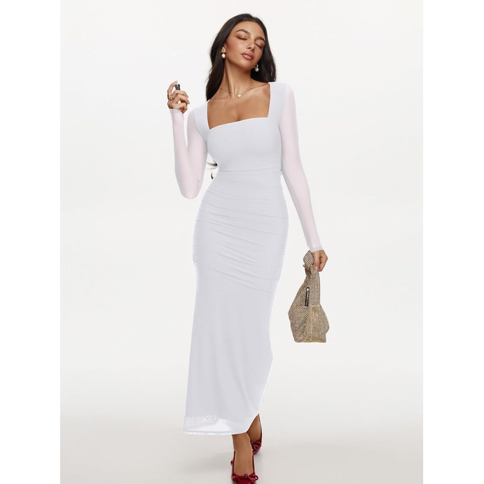 REORIA Максі-сукня для гостей на весілля: довга, з довгими рукавами, прозора сітка, квадратний виріз, обтягуюча, біла, XS
