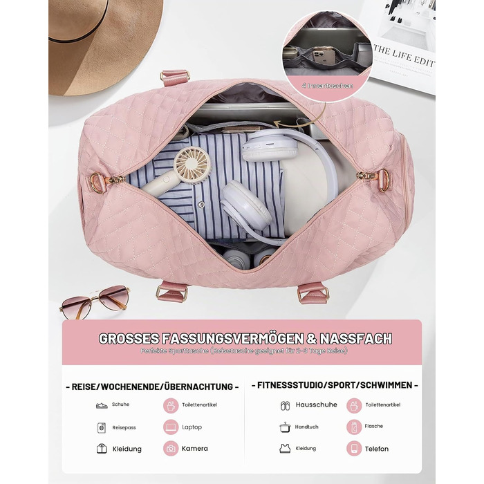 Спортивна сумка для подорожей OVEVOOK XL: жіноча дорожня сумка-вікенд з відділенням для взуття та вологих речей, водонепроникна сумка в спортзал та ручна поклажа в літак, Рожева