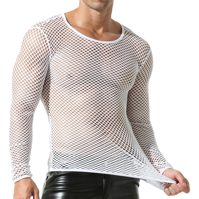 Чоловіча сітчаста футболка QiaTi з довгим рукавом, прозора, мереживна, під сорочку, білий
