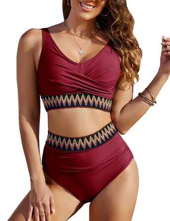 Бікіні жіночий комплект з високою талією, суцільний купальник двочастинний, сексуальний V-подібний виріз, push-up, кольоровий смугастий, великі розміри, пляжний, басейн, бордовий