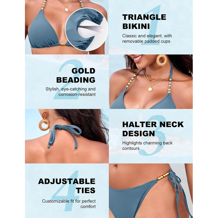 Бікіні Triangel Daen з золотими перлами, топ-халтер з пом'якшувачами та трусики-стрінг на зав'язки (Небесно-блакитний, XS)