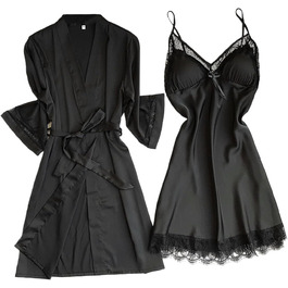 Чорний жіночий піжамний комплект MILAX: нічна сорочка-бабідол, халат, кімоно, мереживо, квіти, V-подібний виріз