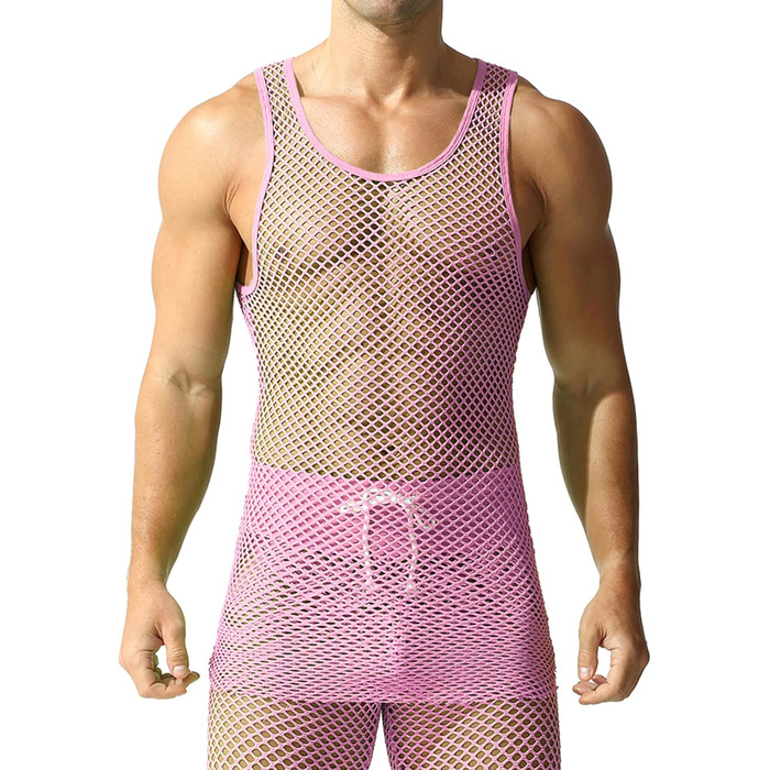 Чоловіча сітчаста футболка QiaTi з прозорим дизайном, довга модель (XL, рожевий)