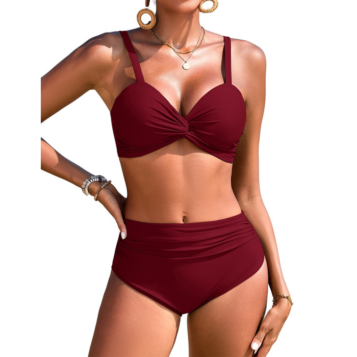 БІКІНІ ЖІНОЧИЙ ДВОШТУЧНИЙ З ВИСОКОЮ ТАЛІЄЮ, ПУШ-АП, З V-ПОДІБНИМ ВИГІНОМ, БУРГУНДІ, M