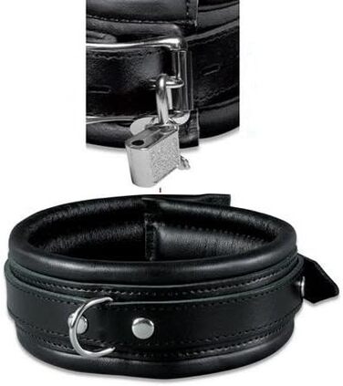 Чорне шкіряне ошейник для БДСМ з замком Tula-Toys, з підкладкою, студійна якість