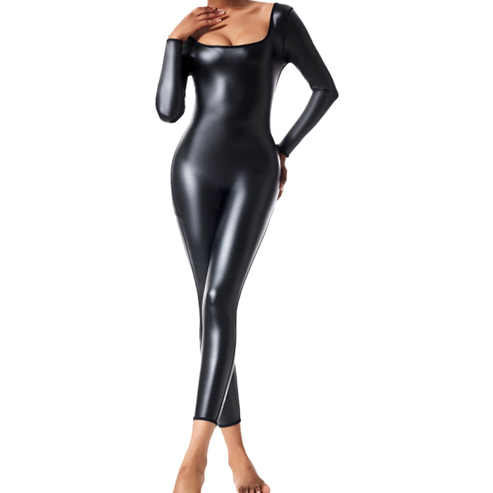 Комбінезон шкіряний жіночий бодікон облягаючий, з блискітками, catsuit, для рейву, вечірки, Хелловіну, дискотеки, косплею, Wetlook, клубної моди, чорний, розмір S
