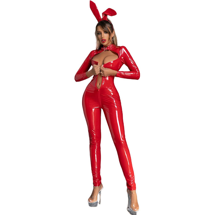 Сексуальний костюм-комбінезон з латексу/шкіри для жінок, відкритий крок, червоний (M)