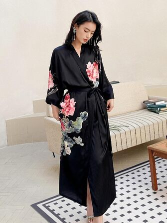 Чоловічий халат-кімоно з довгим рукавом з атласу, квітковий принт, чорний - Піон