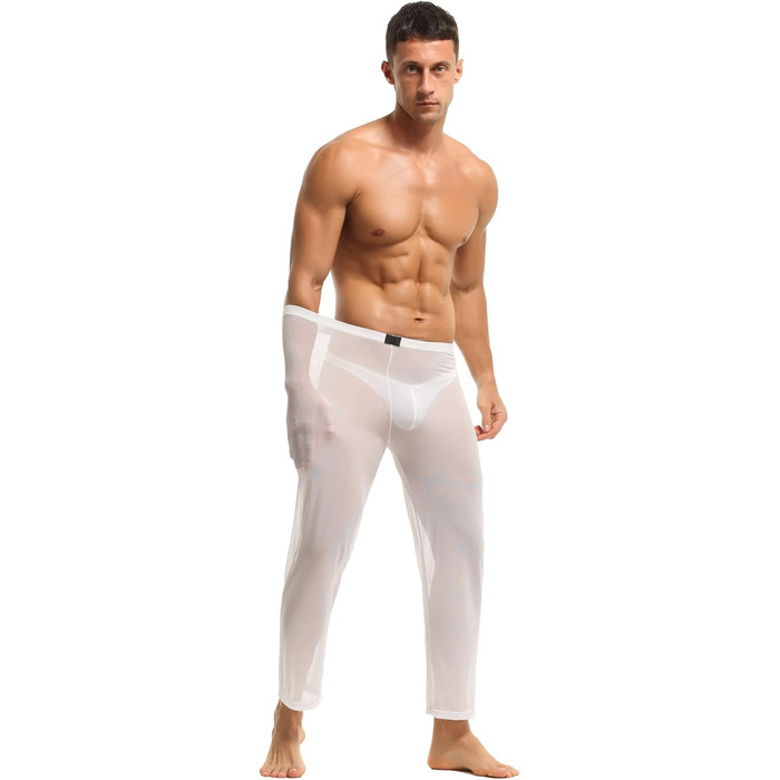 Чоловічі прозорі штани з мережива, нічна сорочка, спідня білизна, штани з нейлону, довгі прозорі штани, мереживні штани änner, штани з тонкої сітки, матеріал - тюль (M, білий)