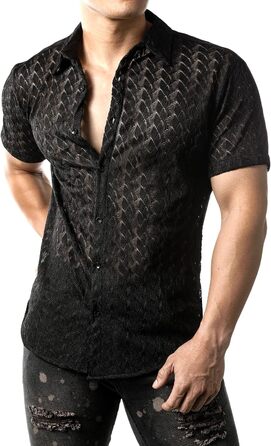 Чоловіча сорочка JOGAL з мереживом, чорна, літня, коротка, вільний крій