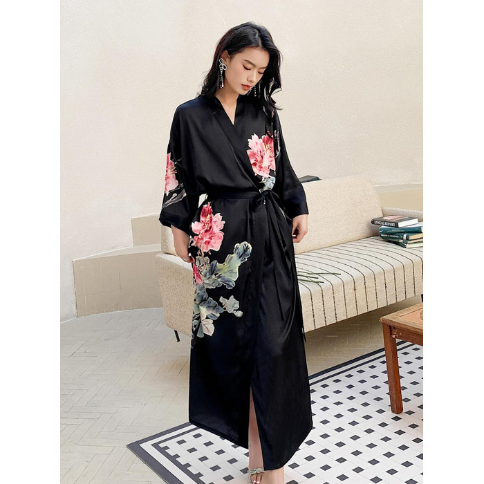 Чоловічий халат-кімоно з довгим рукавом з атласу, квітковий принт, чорний - Піон