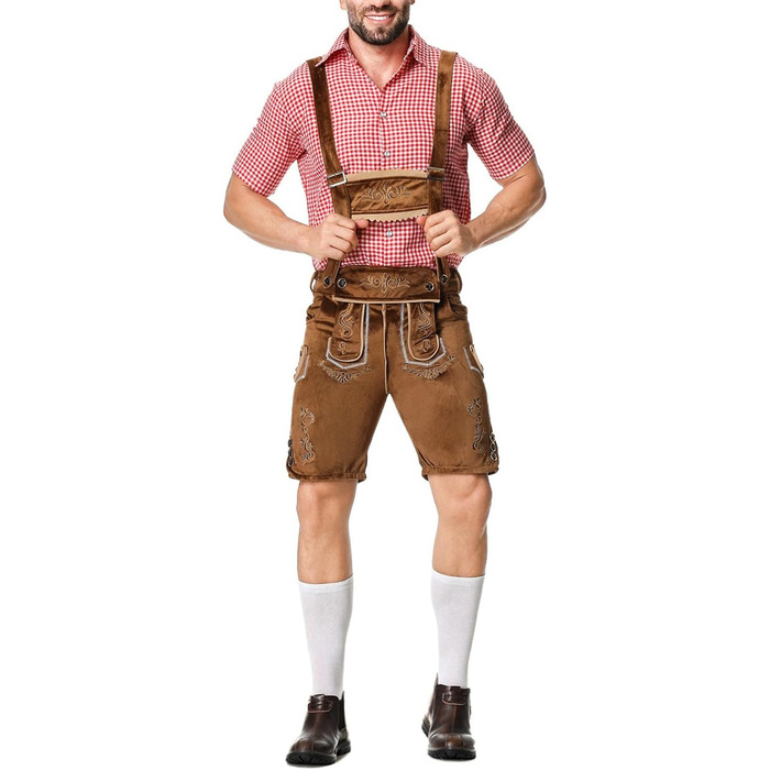 Традиційний костюм для чоловіків RUMAOZIA: повний комплект (ледерхоза, сорочка, латкова штани) для Октоберфесту, тематична вечірка, коричневий, розмір M