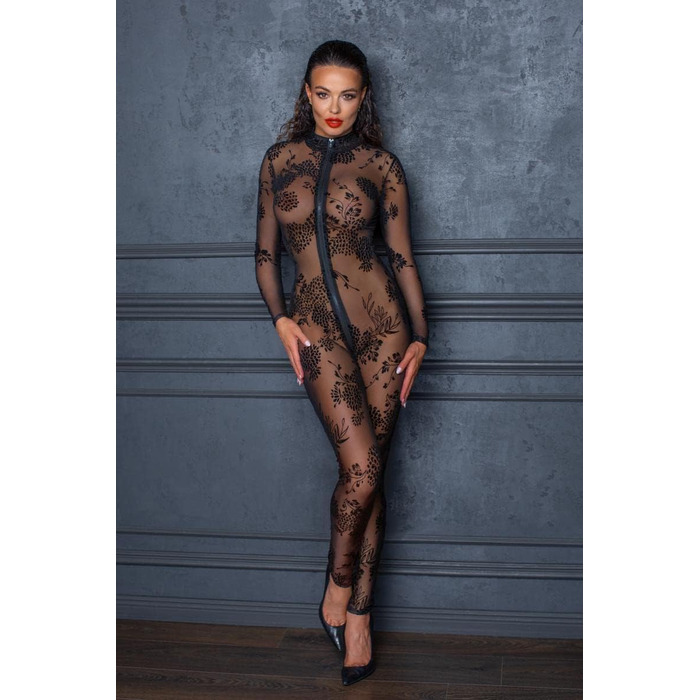 Чорний прозорий жіночий комбінезон з мереживом, ручної роботи, з блискавкою та довгими рукавами, XL