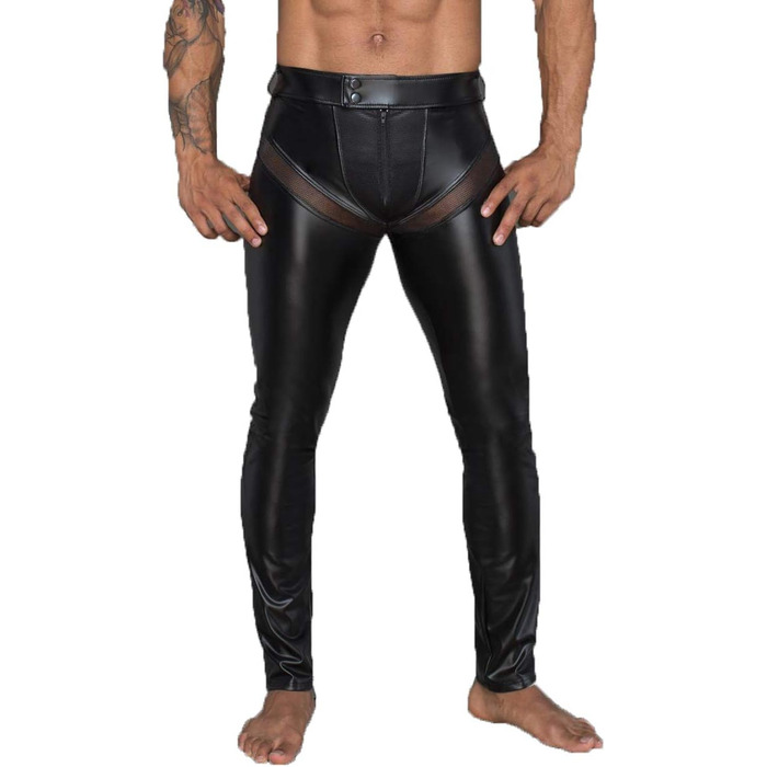 Чоловічі штани з еластичного матеріалу (wetlook) чорного кольору з сітчастими вставками та кишенями. Модель Gogo/Fetish.