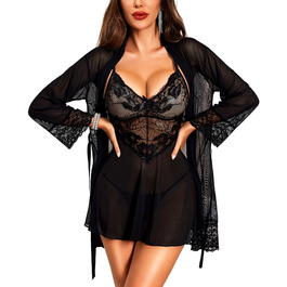 Комплект спідньої білизни RSLOVE: мереживний кімоно, бюстгальтер та труси (3 частини), чорний