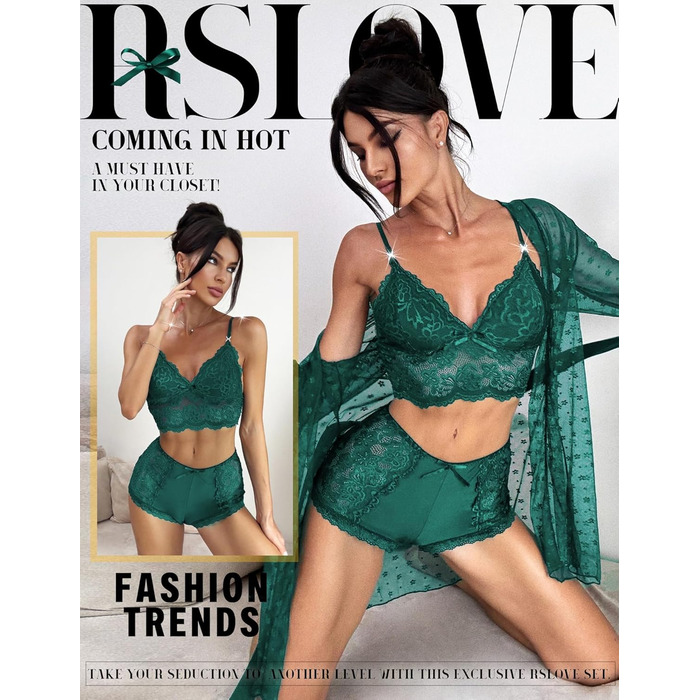 RSLOVE Комплект жіночої білизни: мереживний халат, бюстгальтер та труси (S, Зелений)