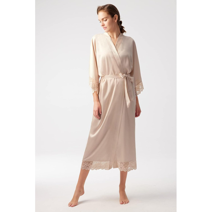 Халат жіночий довгий/короткий однотонний мереживний з рукавами з атласу, шовку, типу кімоно, для дому, літа, універсальний розмір, колір шампань