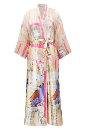 Халат кімоно для жінок, великі розміри, сатин, легкий, японський стиль, плюс сайз, халат для ванни, юката (Sakura Ukiyoe Champagne, XXL)