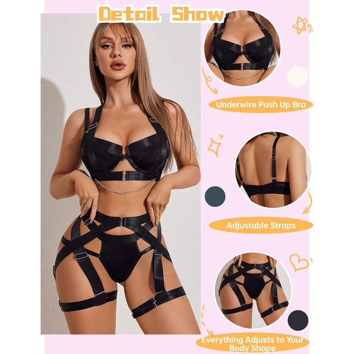 Avidlove Комплект сексуальної білизни для жінок: бюстгальтер з пуш-ап, трусики, бретельки, сліп, чорний