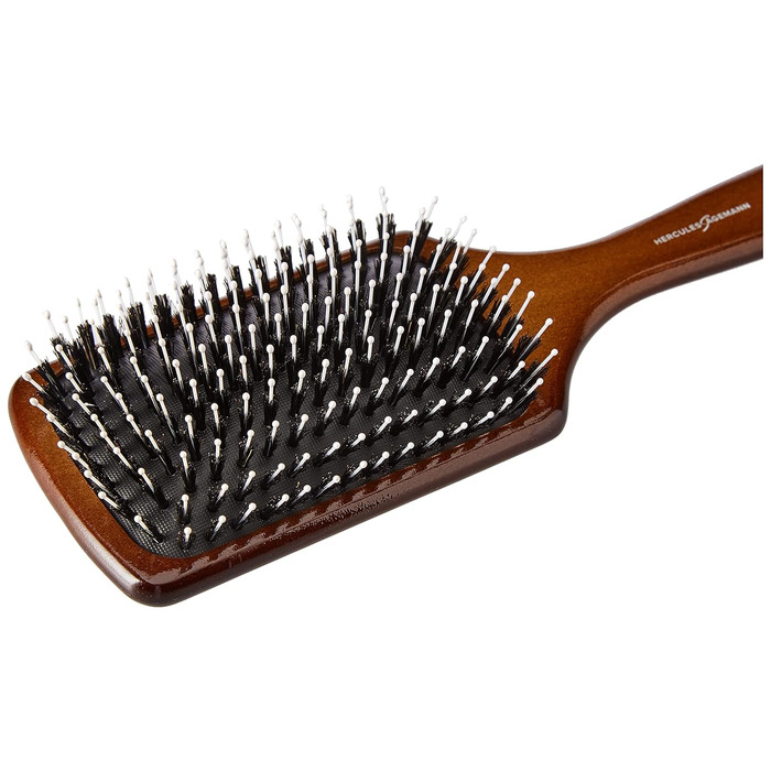 Масажна щітка для волосся HERCULES SÄGEMANN Paddle Brush, дерев'яна, з щетиною кабана та нейлоновими штифтами для розплутування, темне дерево