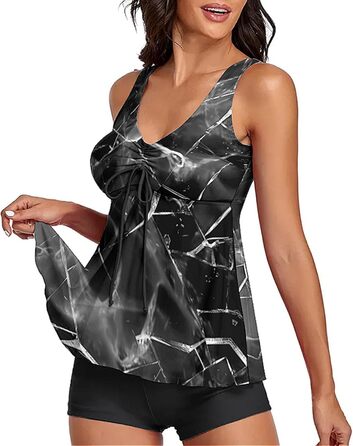 Танкіні жіночий купальник з високою талією, Push Up верхня частина з плавками, комплект двокомпонентний, літній принт, купальники для жінок, пляж, відпустка, дозвілля (Сірий море, M)