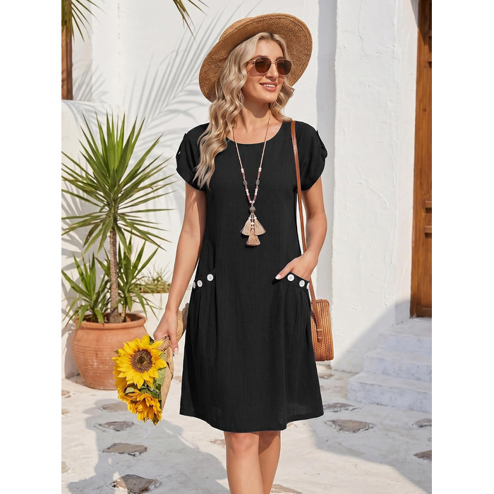 Літня жіноча сукня з льону міді, чорна сукня А-силуету з коротким рукавом та круглим вирізом, повсякденна пляжна сукня, розмір XXL