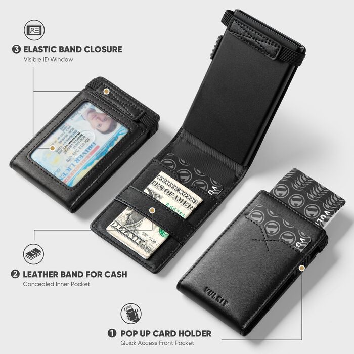 Стильний чоловічий картхолдер VULKIT з RFID-захистом, мінімалістичний тонкий гаманець з Pop-Up механізмом та вікном для ID-картки, на 8 карток, чорний