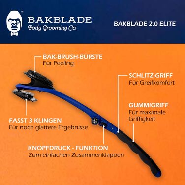 Тример для спини та тіла BaKblade 2.0 для чоловіків, бритва для гоління спини з 2 змінними лезами, синій