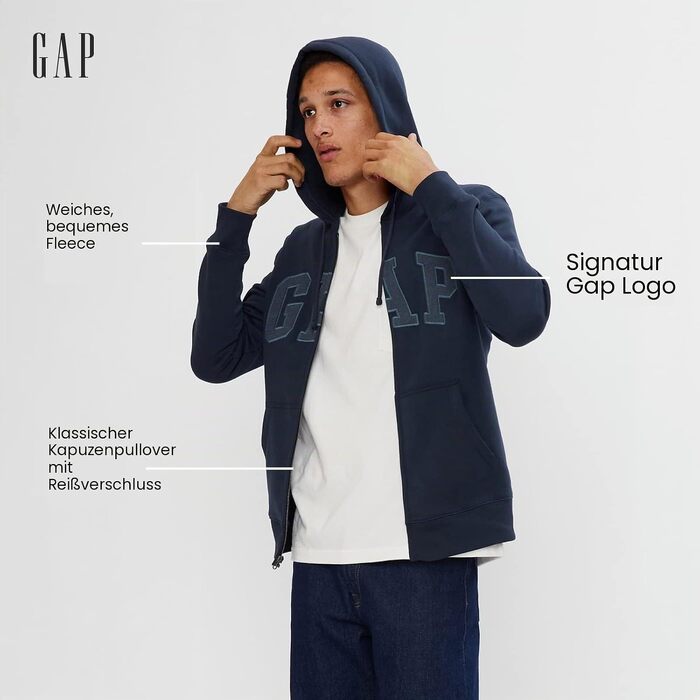 Чоловіча толстовка на блискавці Gap Heritage з логотипом, колір True Black, розмір L