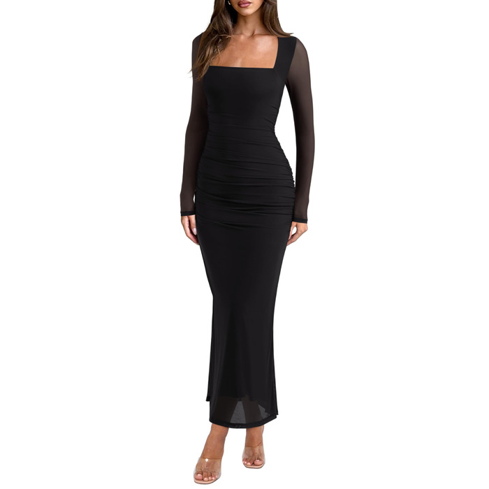 REORIA Максі-сукня для гостей на весілля: довге плаття з довгими рукавами, квадратний виріз, мереживна тканина, обтягуючий крій (Чорний онікс, XS)