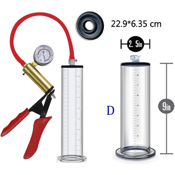 Пумпа для збільшення статевого члена Jpscor з металевими ручками та манометром, прозора вакуумна помпа з шкалою для чоловіків, SM, збільшення статевого члена, секс-іграшка (D-22,9 * 6,35 см)
