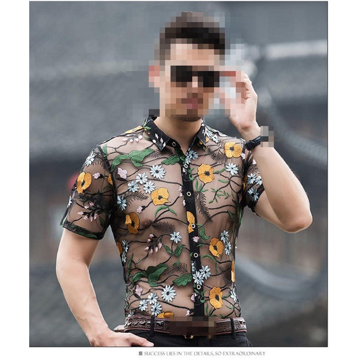 Чоловіча сорочка Deepsko з прозорим дизайном, мереживом та квітковою вишивкою, жовта, літня, з короткими рукавами