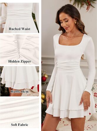 Сукня жіноча квадратним вирізом, елегантна вечірня, коктейльна, bodycon, на короткі/довгі рукави, міні, slim fit, висока талія, з фалдами, біла, розмір M